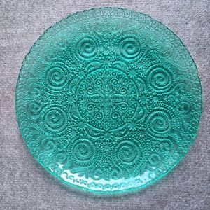 Teal Green Mandala Spiral Glass Plate 11 Inch Textured Bohemian Charger